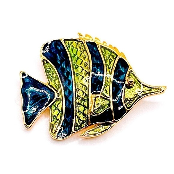 𝅺VINTAGE Mid Century Tropical Fish Brooch Pin Green Blue Enamel Gold Tone - Picture 1 of 6